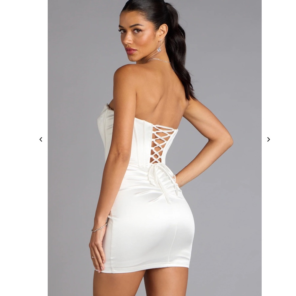 Windsor Alexia Satin Lace Bustier Mini Elegant White Strapless Dress